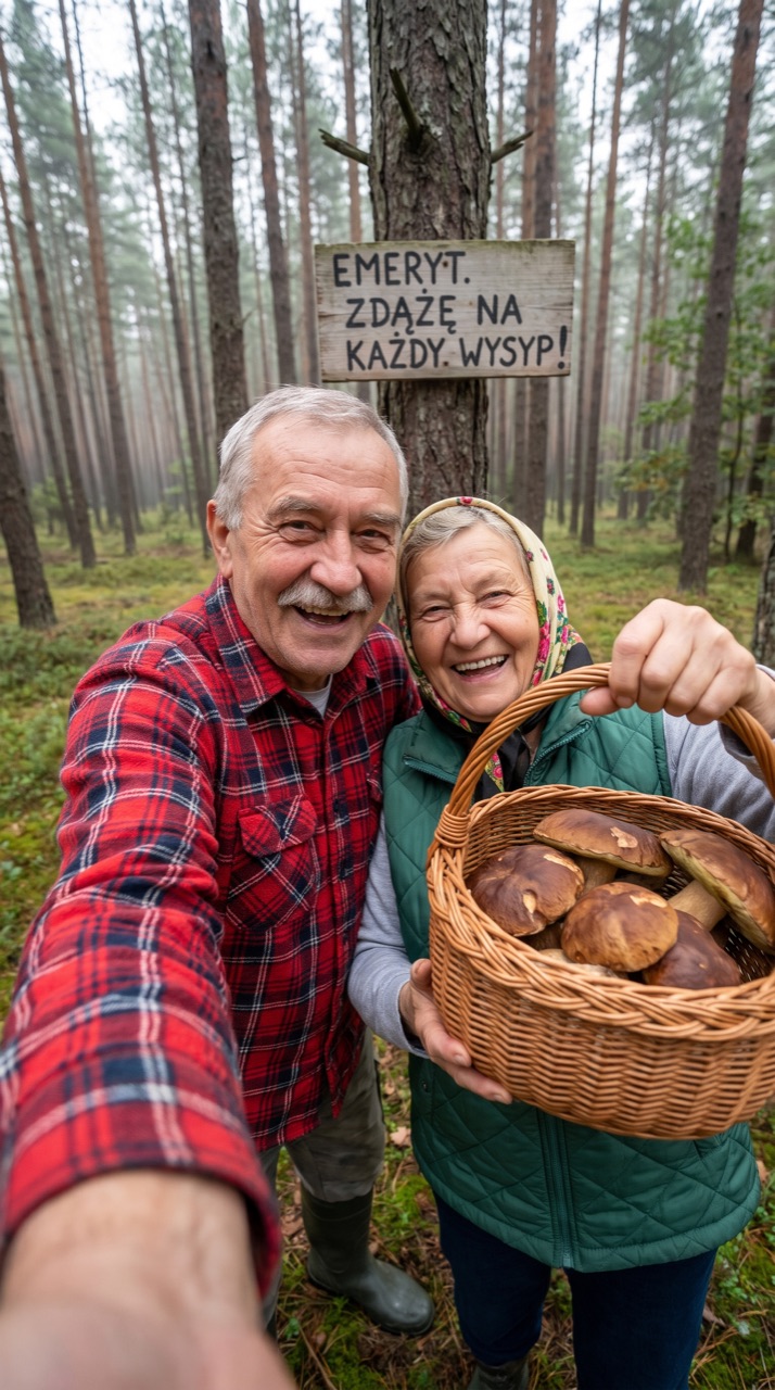 Grzybiarze — kadr z filmu z życzeniami